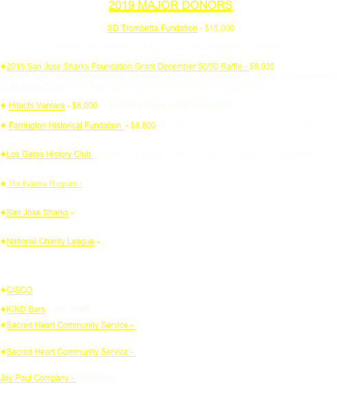 
2019 MAJOR DONORS

SD Trombetta Fundation - $15,000 
A donation of $15,000 to buy zippered sturdy nylon duffel and tote bags.
Thank you for your many years of continued generous support.

2019 San Jose Sharks Foundation Grant December 50/50 Raffle - $8,035
Gifts for Teens was featured at the SJ Sharks game on December 14,2019 as a beneficiary of the 50/50 Raffle. GFT received $8,035 in cash from the Sharks Raffle.

 Hitachi Vantara - $8,000 to purchase heavy warm sweatshirts

 Farrington Historical Fundation  - $8,800  A generous cash donation of $8,800  to buy zippered, hooded sweatshirts for teens in the winter.

Los Gatos History Club - membership gave a generous $1,500 cash donation and volunteers to assemble bags. 

 The Pajama Program - Donated  hundreds of warm cozy guy and girl Pajamas collected at their festive “Brunch for the Big Kids” fundraiser held on September 7, 2019.

San Jose Sharks - A much appreciated donation of 420 Bobble Head Figures giving teens the fun of collecting collectibles Sharks players figures.

National Charity League - Local chapter moms and daughters contributed 230 socks, 300 cosmetics, many games and tees. 
   
N.C.L. is a Teen Daughter and Mom philanthropic group.

CISCO  - 1,055 T-shirts and polos 

KIND Bars  - 960 KIND Granola Bars,  yummy, chocolate and oats snacks 
Sacred Heart Community Service - 3,000 School Supplies and 200 back packs including school notebooks, pens, USB Drives, calculators, erasers, folders and more.
Sacred Heart Community Service - 680 girl’s pajama sets. Fun summer weight animal print pj sets for the girls.
Jay Paul Company - December Assembly site space at 100 West San Fernando Street. Thanks for this large downtown space.  
